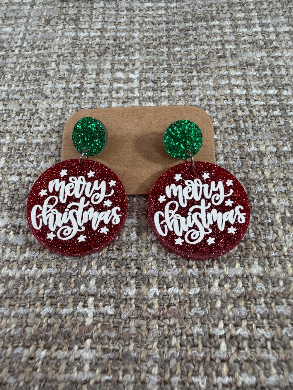 Merry Christmas Glitter Drop Earrings - Red & Green